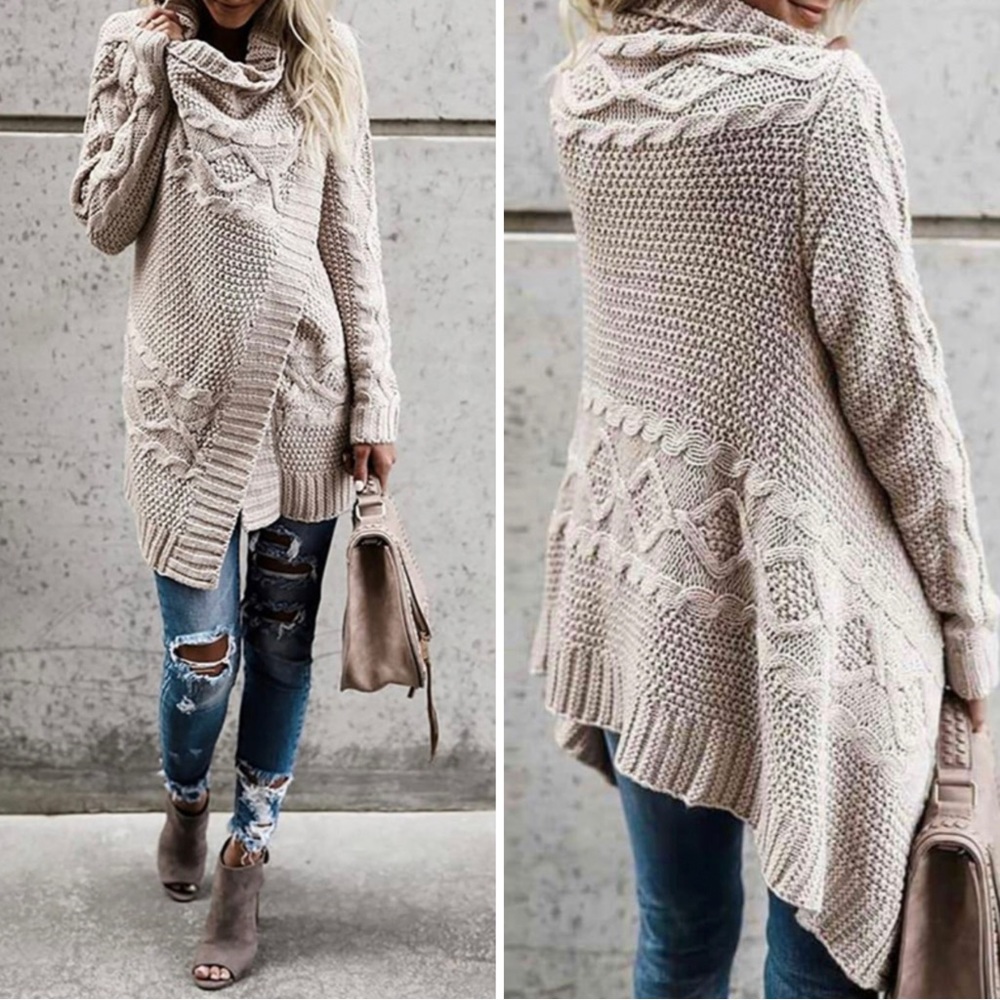 Oatmeal Chunky Cable Wrap Draped Cardigan Sweater NWT - Picture 1 of 11